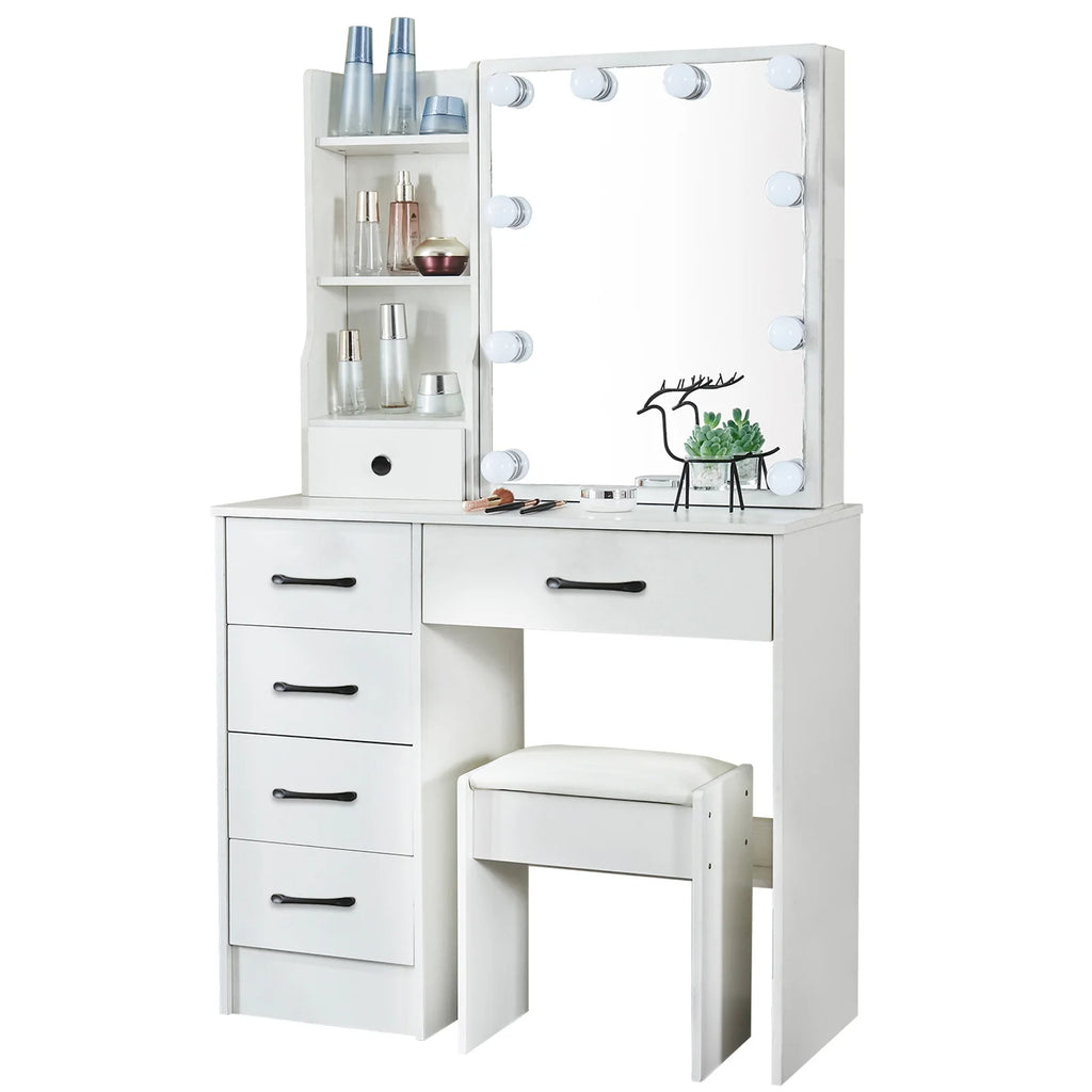 Coiffeuse de maquillage blanche avec 6 tiroirs de rangement et tabouret rembourré - Meuble cosmétique pour chambre à coucher