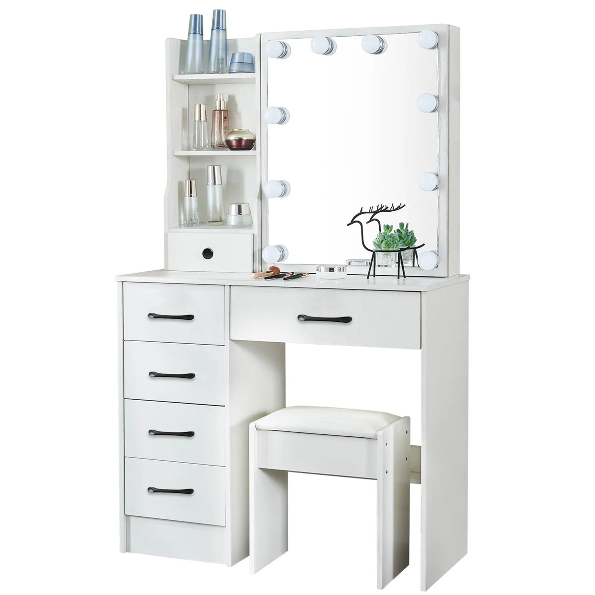 Coiffeuse de maquillage blanche avec 6 tiroirs de rangement et tabouret rembourré - Meuble cosmétique pour chambre à coucher