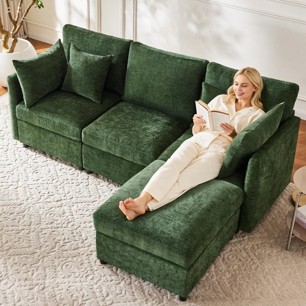 Canapé d'angle panoramique modulable et convertible moderne vert, canapé d'appoint grand confort avec pouf indépendant amovible et 4 coussins en tissu chenille doux pour salon d'appartement