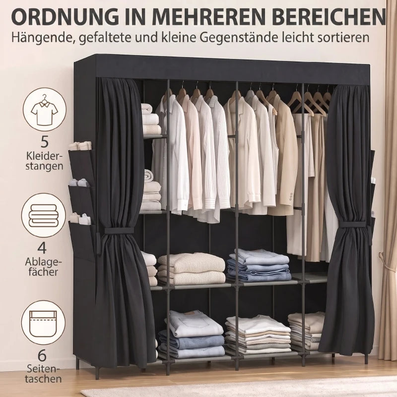 Armoire pliante avec 5 barres de penderie, penderie en tissu antipoussière sur structure en acier, comprend des étagères et des poches latérales pour chaussures et accessoires, montage facile sans outils - Noir