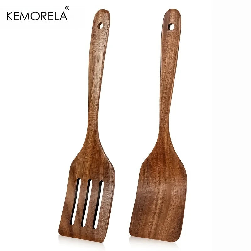 Ensemble de spatules de cuisine en bois - Bois naturel pour pâtisserie, retourner et mélanger, sans rayures, compatible poêles anti-adhésives, outil de cuisine (1 ou 2 pièces)