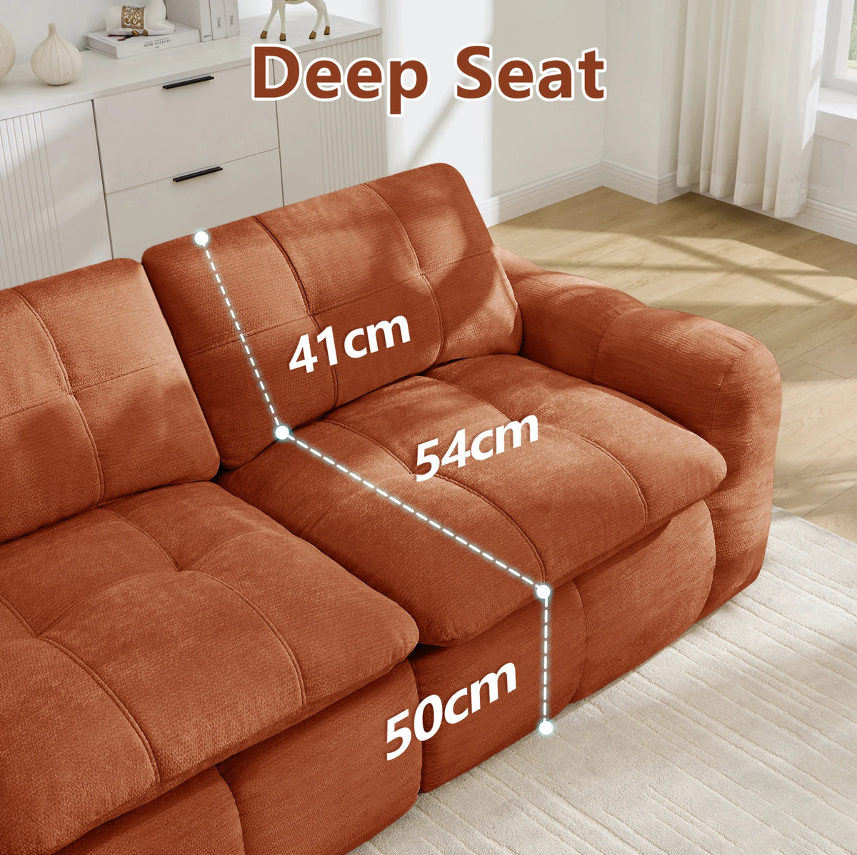 Canapé modulable 2 places orange en tissu chenille avec assise profonde et sans assemblage requis