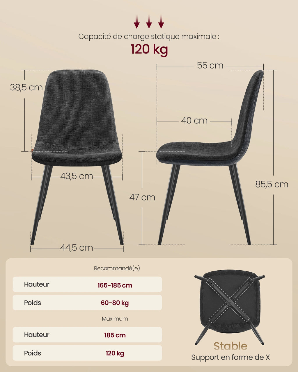 VASAGLE Dining Room Chairs, Set of 2, Metal Support, Adjustable Legs, Easy Clean, Chenille Fabric, Textured PU