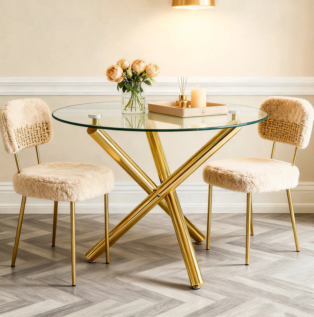 Table à manger ronde avec plateau en verre trempé et pieds en métal doré (80 x 80 x 76 cm)