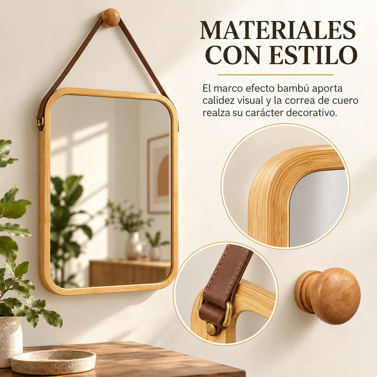 Miroir mural décoratif avec cadre en bambou naturel et sangle en cuir marron, miroir rectangulaire 34x41,5 cm pour salle de bain, chambre et entrée, comprend un bouton en bois pour la suspension