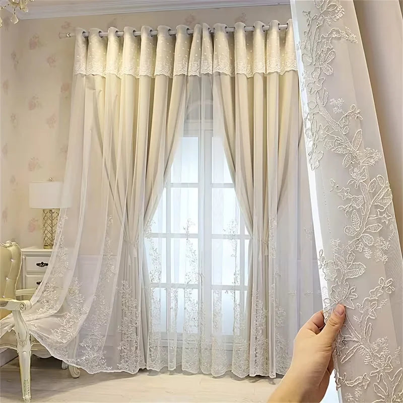 1 panneau de rideau double couche style européen 100% occultant et préserve l'intimité, avec voilage superposé et fond uni au design esthétique pour chambre et salon