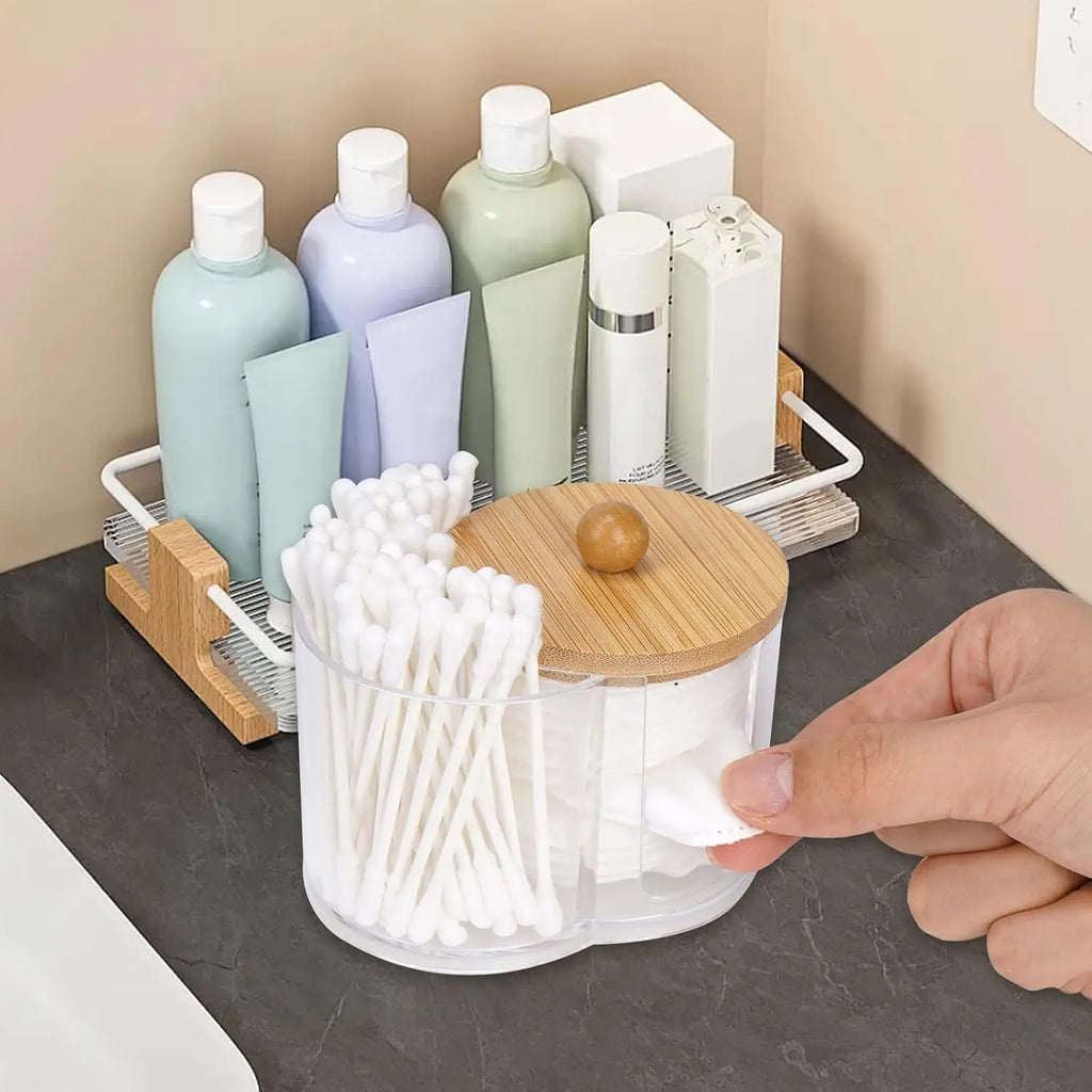 Rangement à double compartiment - Organisateur transparent pour cotons-tiges et cotons - Bac de rangement transparent pour salle de bain et maquillage