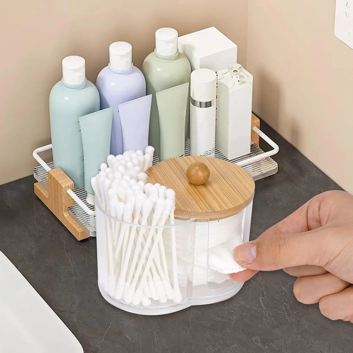 Rangement à double compartiment - Organisateur transparent pour cotons-tiges et cotons - Bac de rangement transparent pour salle de bain et maquillage