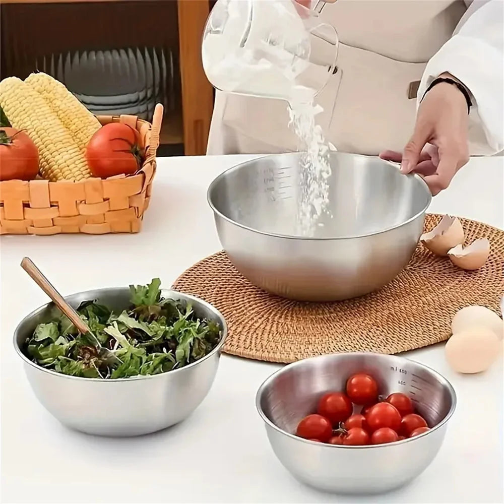 Set de 1 à 3 bols mélangeurs en acier inoxydable avec graduations internes - Saladiers et cul-de-poule grande capacité pour pâtisserie, cuisine et conservation - Accessoires de cuisine indispensables