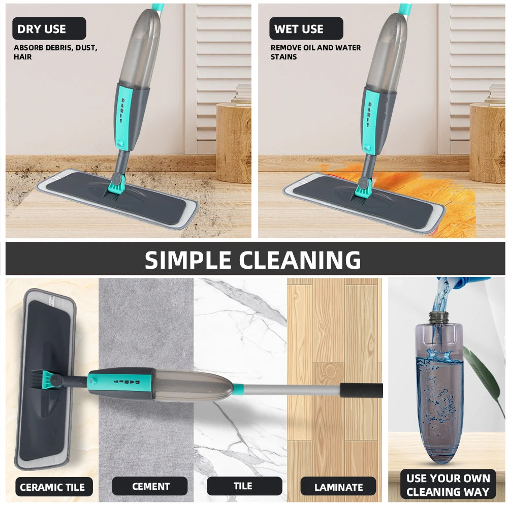 Balai serpillière plat avec spray rotatif à 360° et patins en microfibre