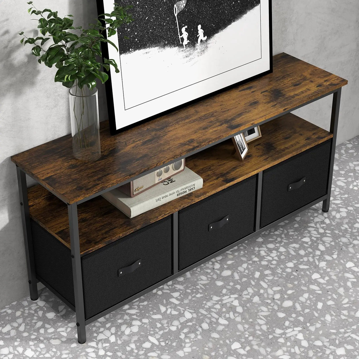 Meuble TV commode avec 3 tiroirs en tissu, meuble télé pour télévision jusqu'à 55 pouces, 120 x 30 x 57 cm