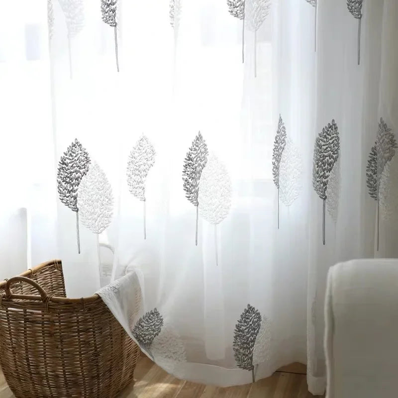 Rideau voile en tulle transparent blanc motif arbre (1 pièce) pour salon, balcon et chambre, voilage brodé moderne et translucide pour fenêtre