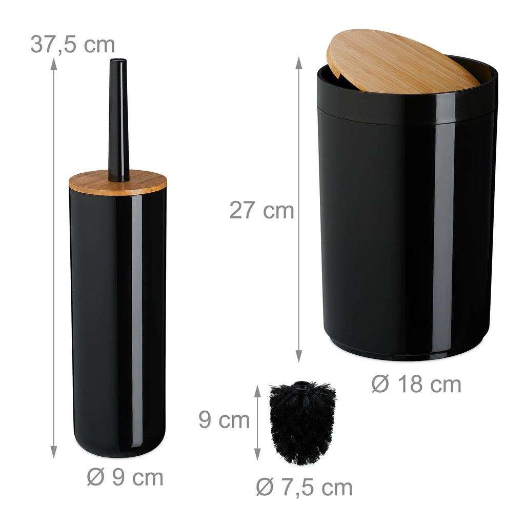 Ensemble d'accessoires de salle de bain 7 pièces, design harmonieux, pour la salle de bain, plastique et bambou, noir, poubelle à cosmétiques 5 L, avec brosse de toilette, Relaxdays