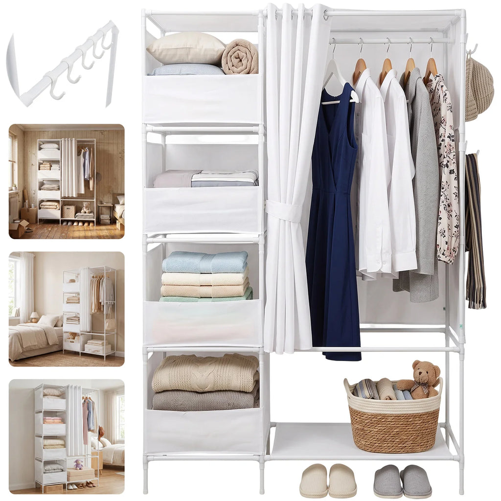 Armoire en tissu pour la maison - Armoire de rangement à étagères avec crochets en S et barre de penderie pour manteaux, chemises, pantalons et linge de lit - 170x105x45 cm