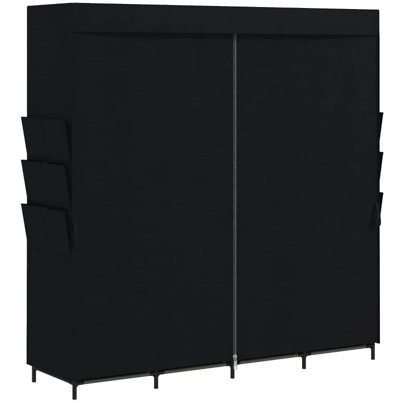 Armoire pliante avec 5 barres de penderie, penderie en tissu antipoussière sur structure en acier, comprend des étagères et des poches latérales pour chaussures et accessoires, montage facile sans outils - Noir