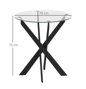 Table à manger ronde pour 4 personnes avec plateau en verre trempé de 8 mm et pieds en acier noir (Ø 70 x 75 cm)