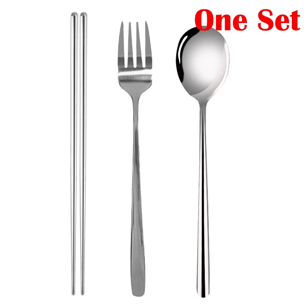 Stainless Steel Fork Spoon Long Handle Chopsticks Korean Style Thicken Dinnerware Tableware Non-slip Dessert Ice Cream Spoons