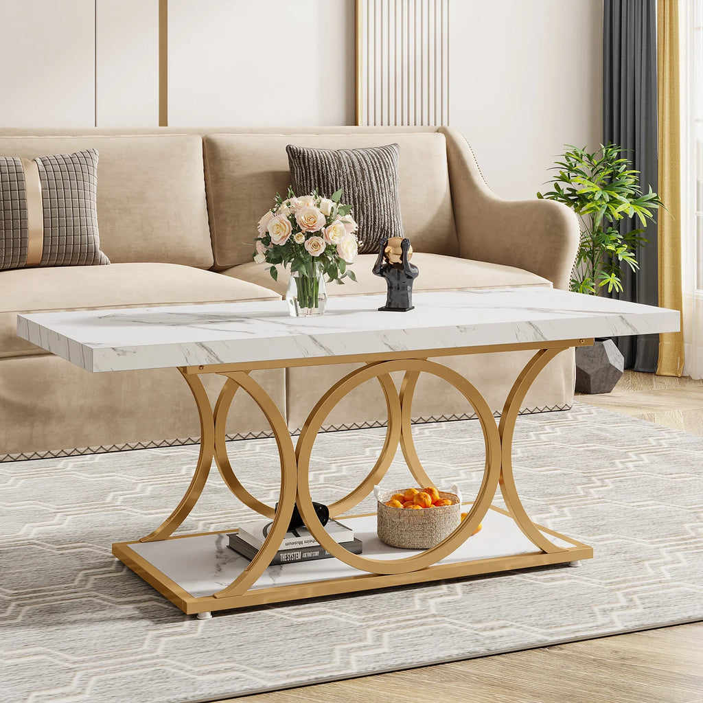 Table basse rectangulaire Tribesigns, table basse moderne pour salon à 2 niveaux en bois effet marbre