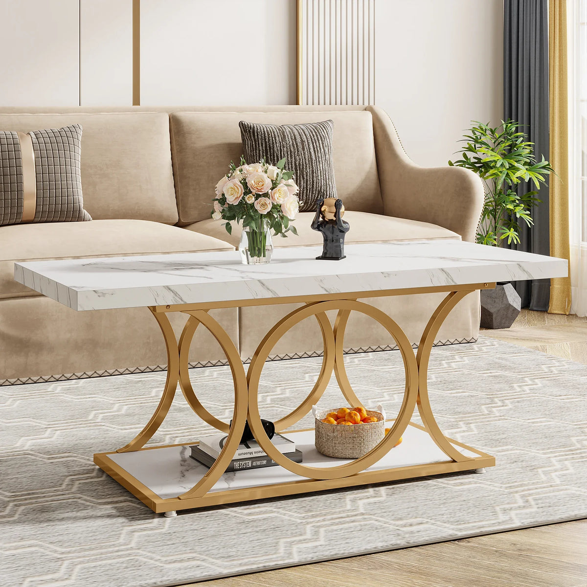 Table basse rectangulaire Tribesigns, table basse moderne pour salon à 2 niveaux en bois effet marbre