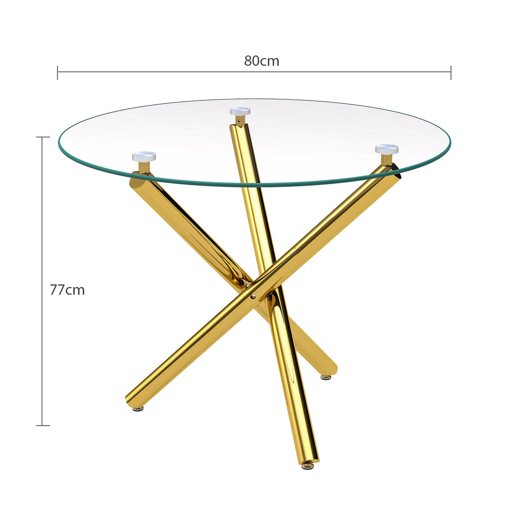 Table à manger ronde avec plateau en verre trempé et pieds en métal doré (80 x 80 x 76 cm)
