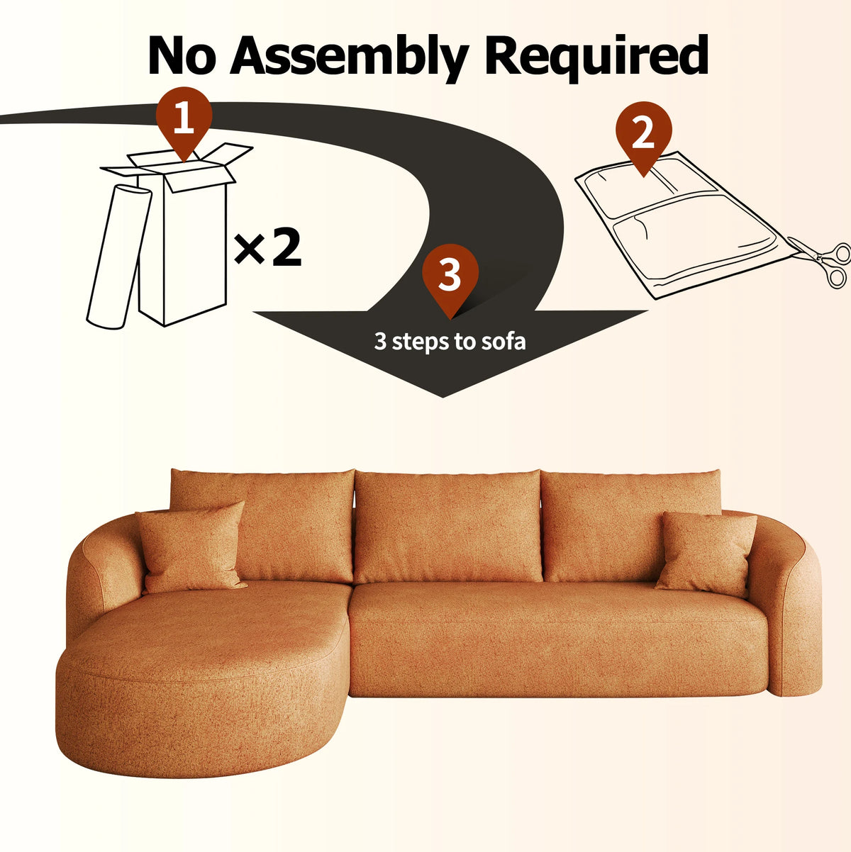 Canapé d'angle en L orange de 266 cm avec mousse haute résilience et tissu Chenille pour salon