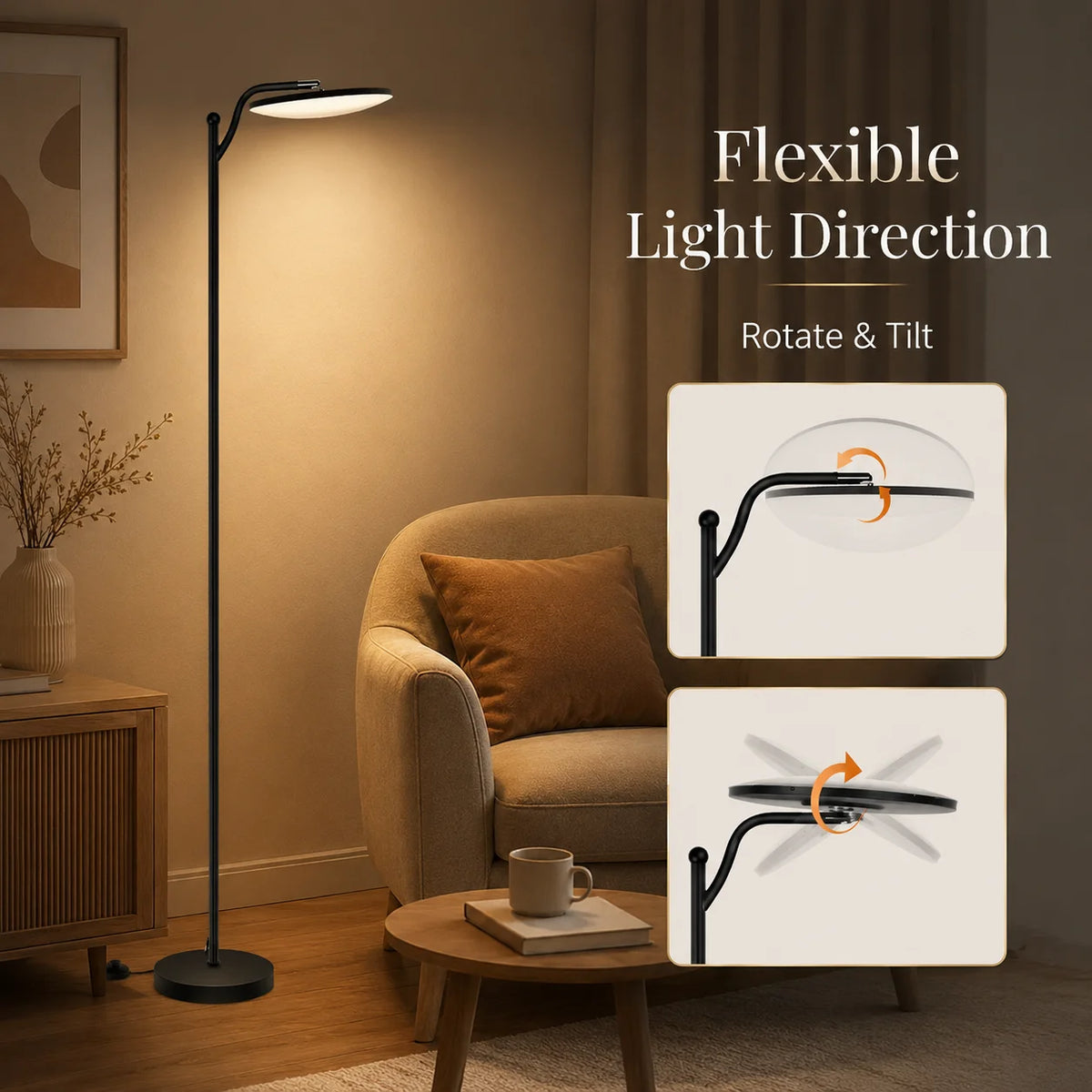 Lampadaire LED 32W 3000Lm avec tête pivotante, télécommande magnétique sur le pied du lampadaire, facile à installer, lampe de lecture stable pour salon, chambre et coin lecture