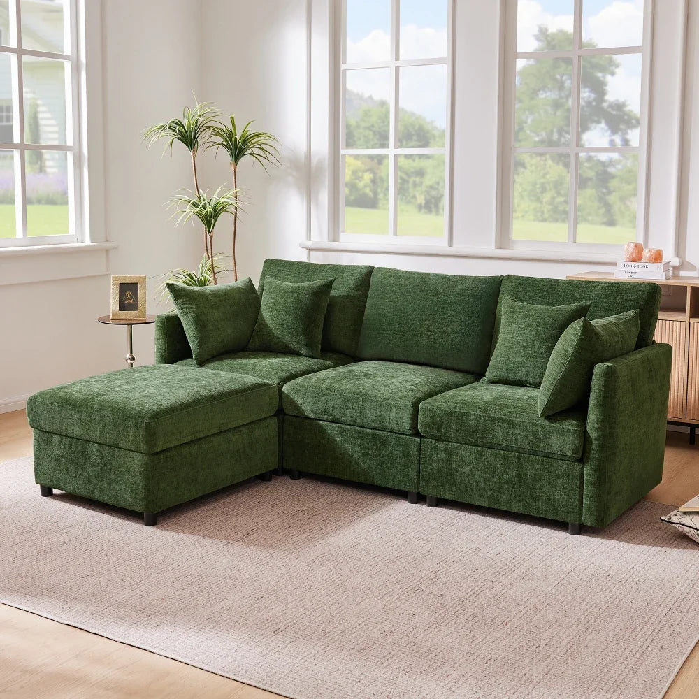 Canapé d'angle panoramique modulable et convertible moderne vert, canapé d'appoint grand confort avec pouf indépendant amovible et 4 coussins en tissu chenille doux pour salon d'appartement