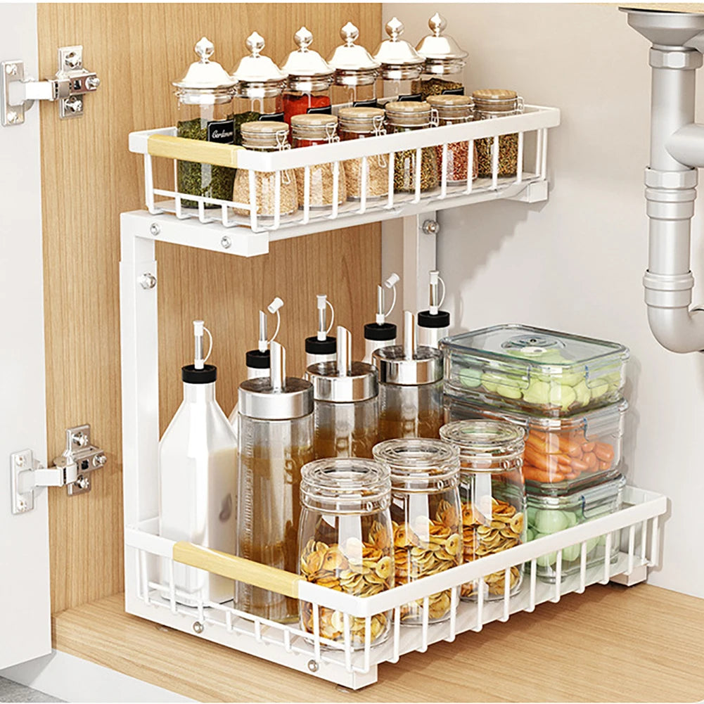 Rangement sous évier, organiseur de placard coulissant à 2 niveaux - Étagère sous évier en acier au carbone, meuble de rangement sous évier pour placard de cuisine et salle de bain