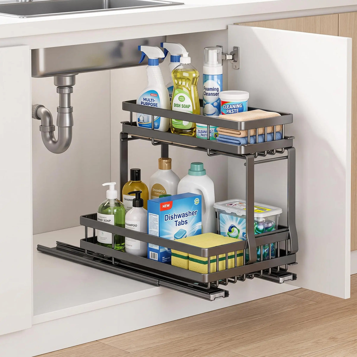 Carbon Steel Pull-Out Cabinet Organizer, Sliding Spice Rack with Drawer Rails, Under-Cabinet Storage Basket for Kitchen Seasoning and Miscellaneous Items-Black