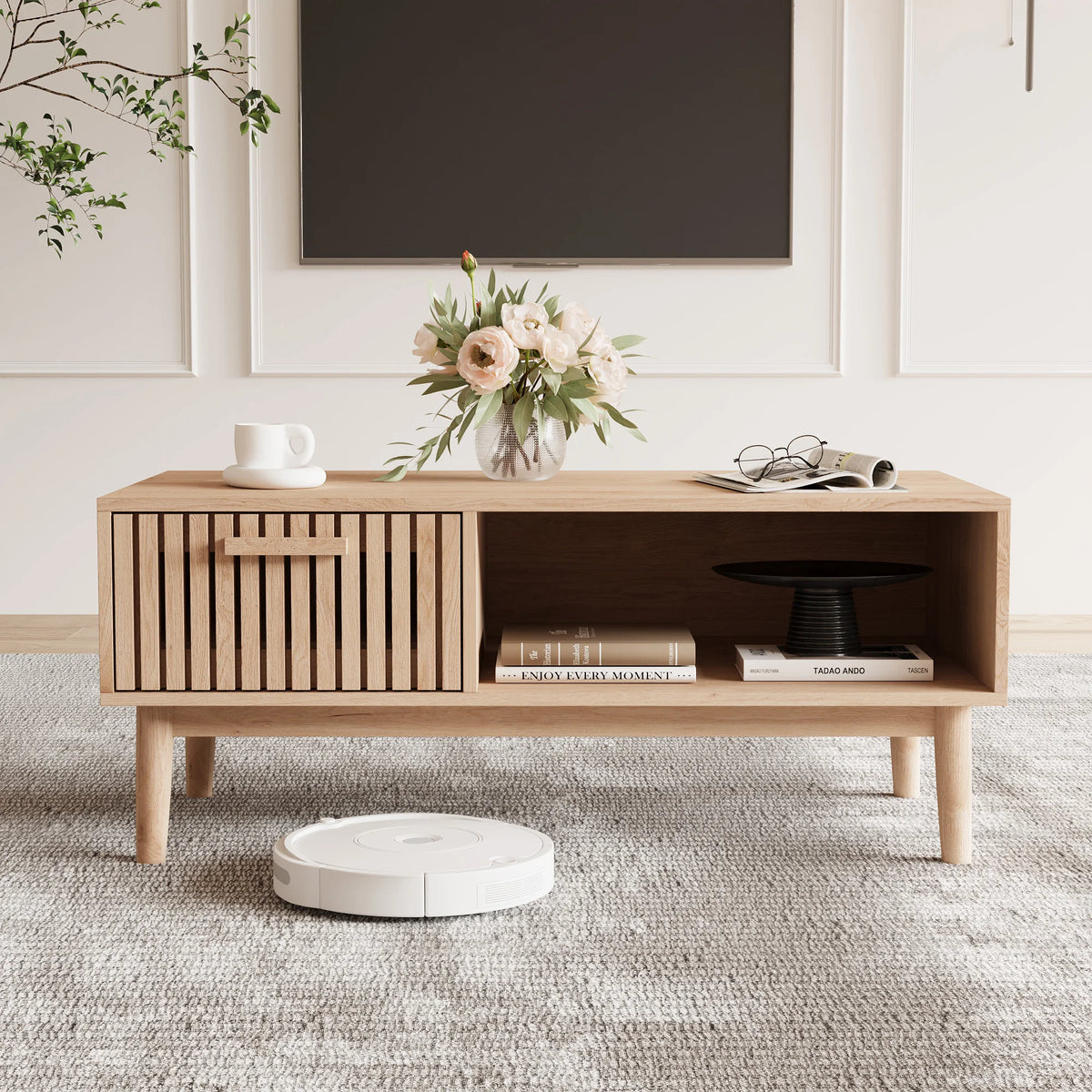 Table basse (100 x 50 x 43 cm) avec 1 tiroir et compartiment de rangement ouvert, table de salon moderne et minimaliste, bois naturel