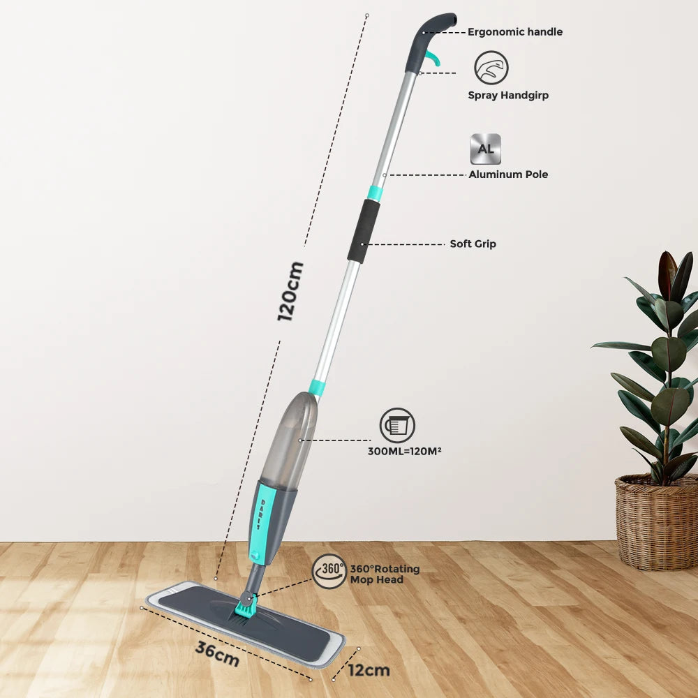 Balai serpillière plat avec spray rotatif à 360° et patins en microfibre