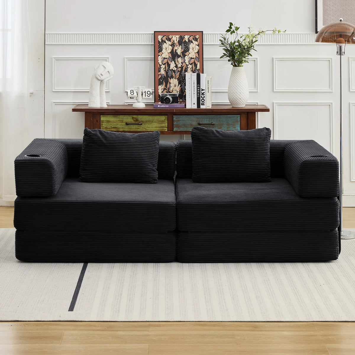 Canapé modulable d'angle avec porte-gobelets, canapé convertible modulable en velours côtelé, canapé relax gain de place sans montage pour salon, dortoir, bureau, jeu vidéo, lecture, canapé d'angle multifonction