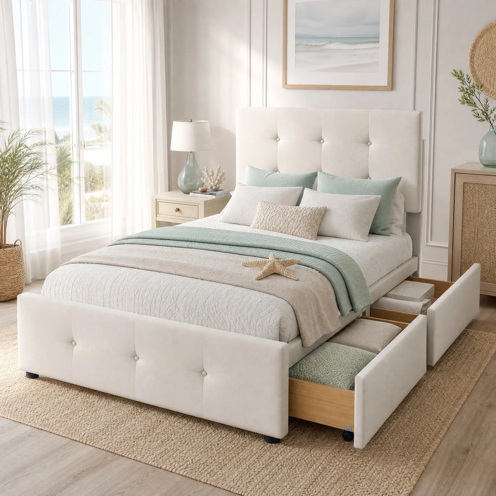 90x200 cm Upholstered Bed Frame with Slatted Base, Headboard and Two Storage Drawers in Beige Velvet (No Mattress)