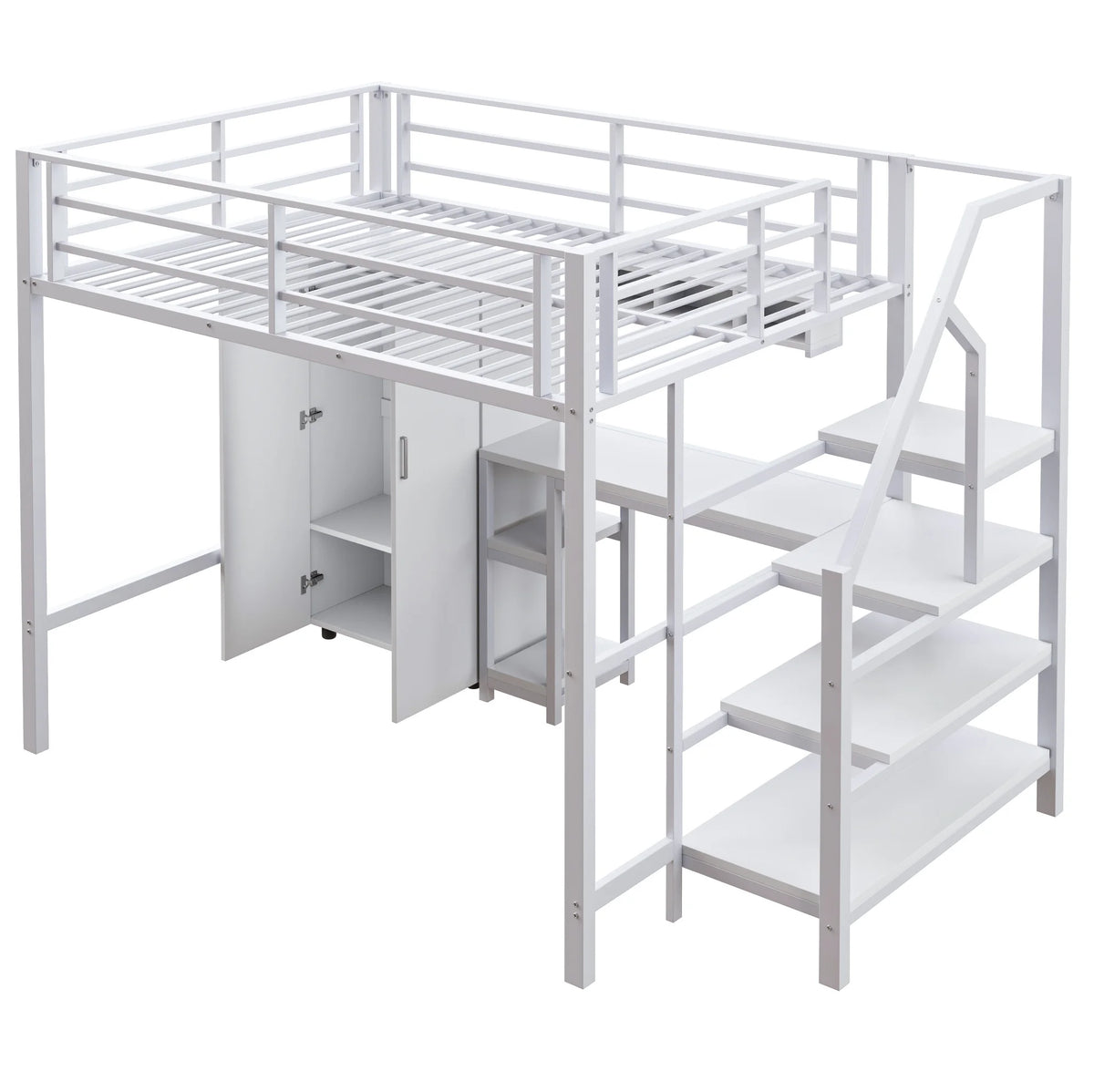 Lit mezzanine pour enfant 140x200cm avec armoire, étagères, rangement dans l'échelle et bureau - Blanc, sans matelas