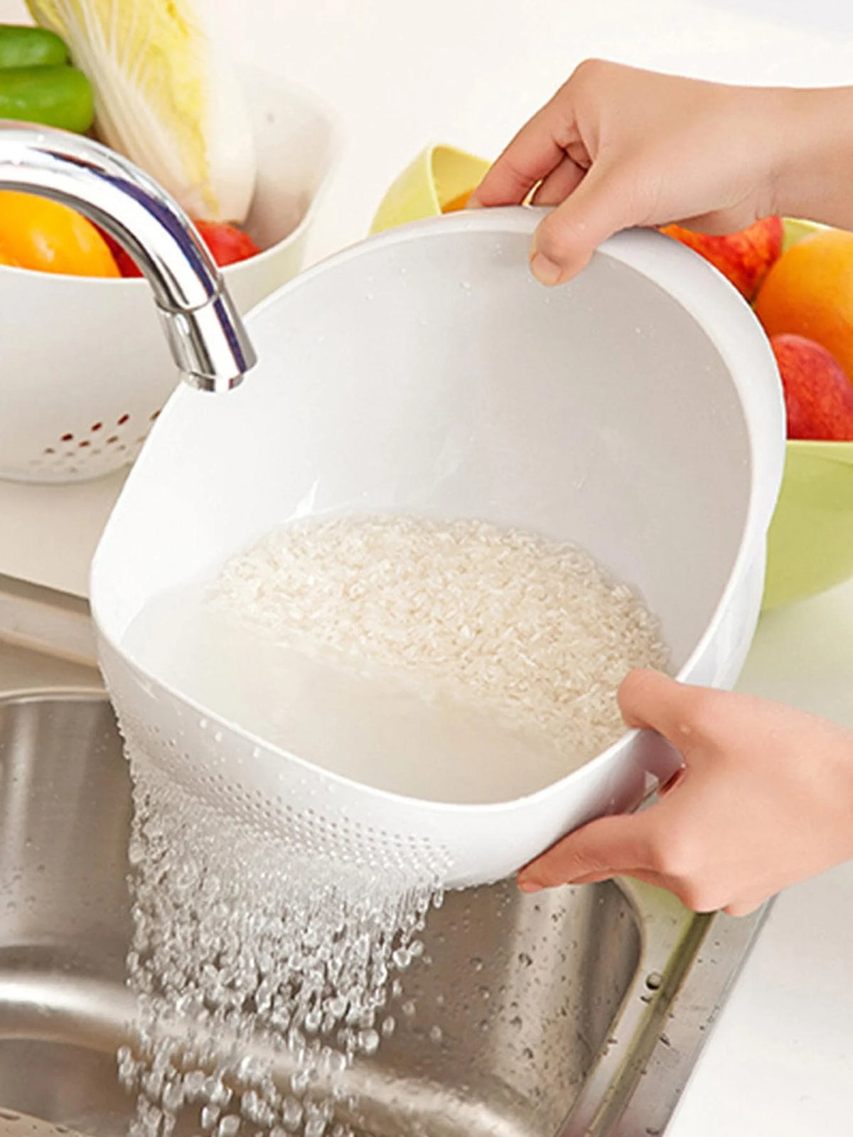 3pcs- Colander Rice Bowl Drain Basket Fruit Bowl Washing Drain Basket with Handle Washing Basket Home Kitchen Organizer