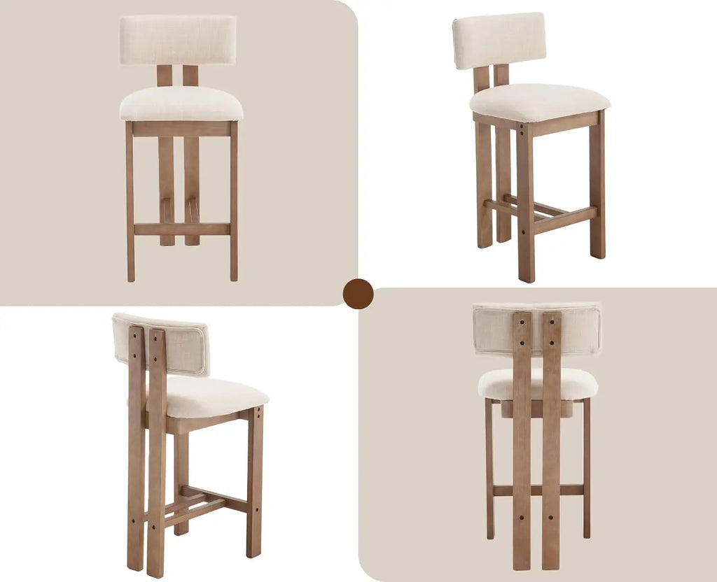 Lot de 2 tabourets de bar en lin avec pieds en bois beige – Style rétro Mid-Century – Assise rembourrée confortable et dossier incurvé sans accoudoirs – Tabourets de comptoir stables en bois pour îlot de cuisine
