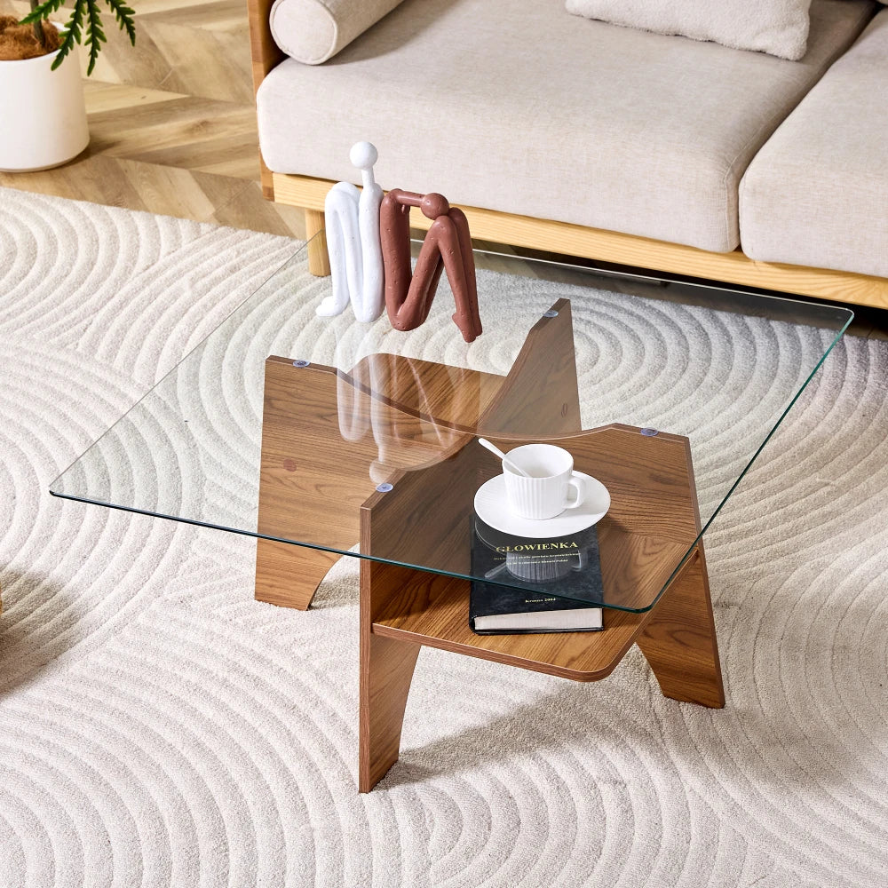 Table d'appoint / table basse carrée moderne en verre de sécurité (80 cm), pieds en MDF aspect bois de noyer, idéale pour le salon