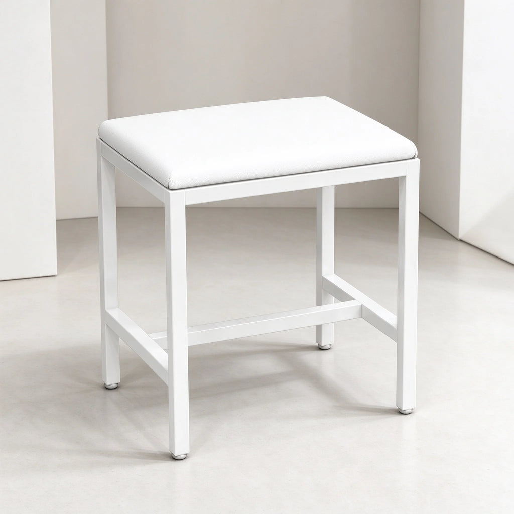 Tabouret de coiffeuse blanc, pouf de maquillage rembourré en similicuir PU avec structure métallique, banc carré pour chambre à coucher, 40 x 30 x 42 cm