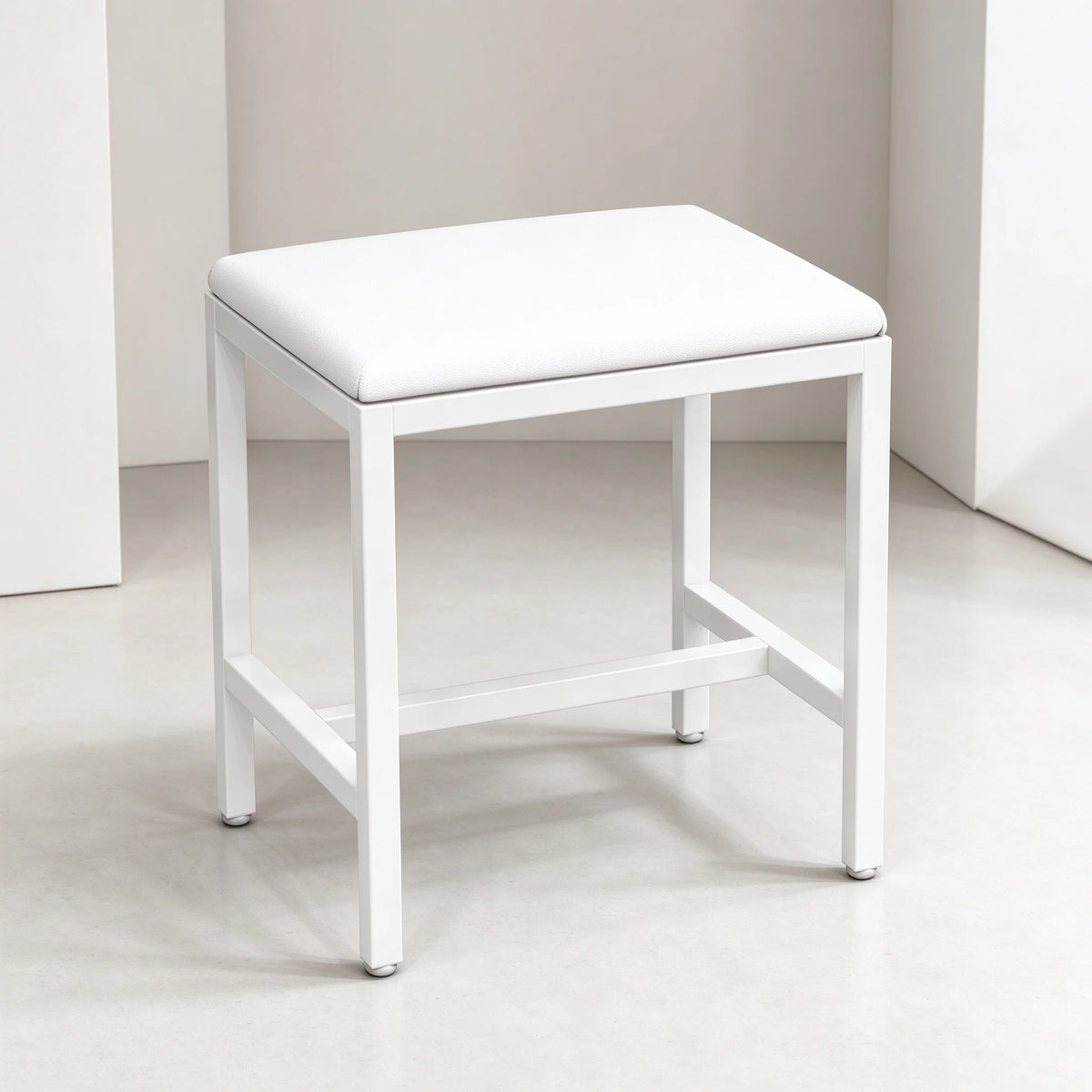 Tabouret de coiffeuse blanc, pouf de maquillage rembourré en similicuir PU avec structure métallique, banc carré pour chambre à coucher, 40 x 30 x 42 cm