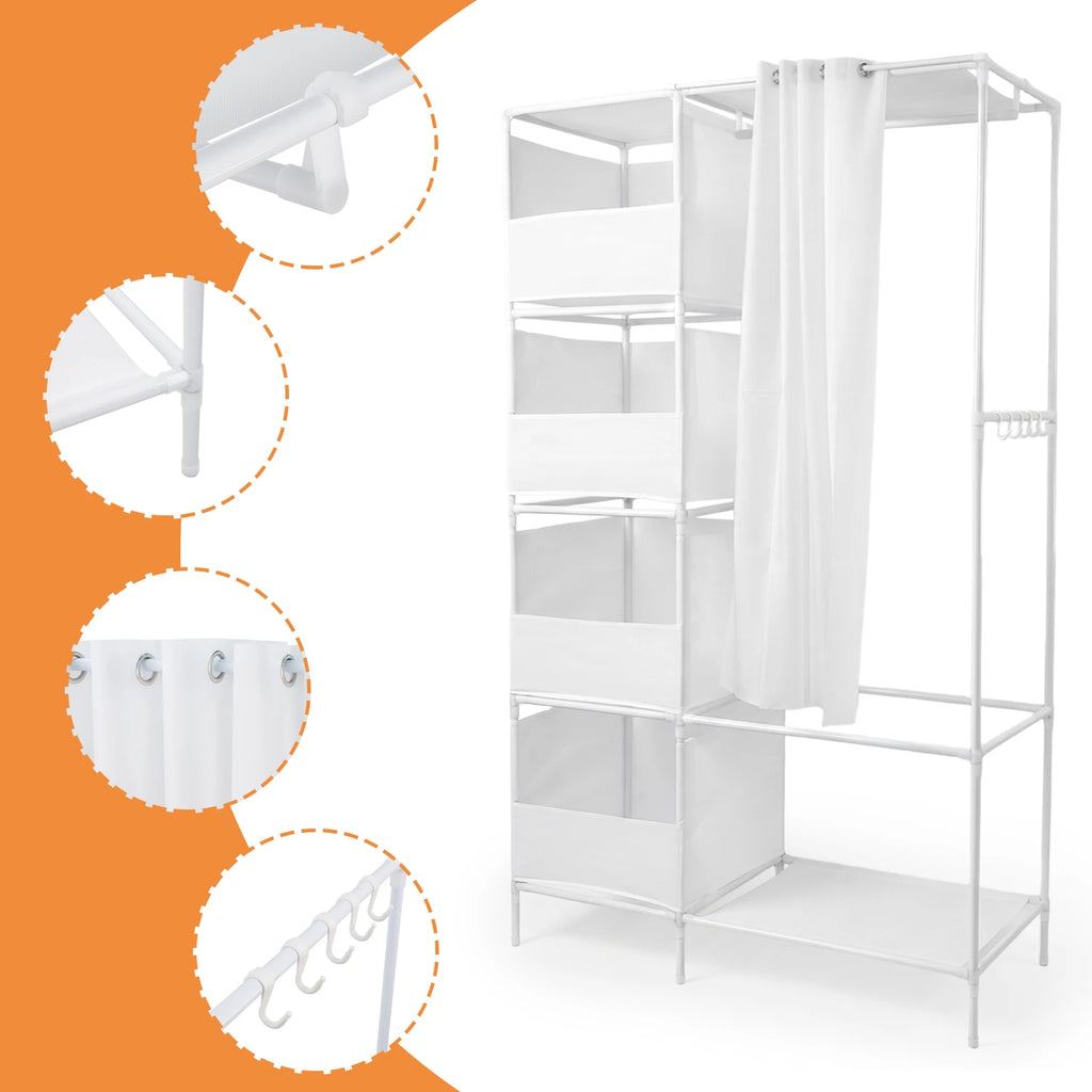 Armoire en tissu pour la maison - Armoire de rangement à étagères avec crochets en S et barre de penderie pour manteaux, chemises, pantalons et linge de lit - 170x105x45 cm