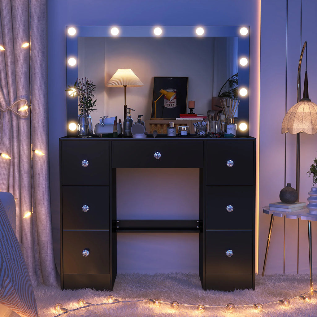 Coiffeuse Teousev avec miroir et 11 ampoules LED - Table de maquillage à luminosité réglable avec grand tiroir et 3 modes de couleur