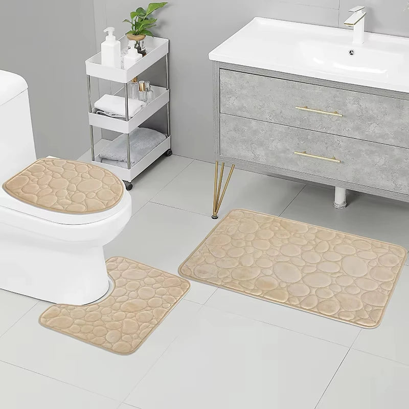 Ensemble 3 pièces de tapis de sol unicolores simples, absorbants et antidérapants pour salle de bain, motif pierre, confortables et doux, lot de trois