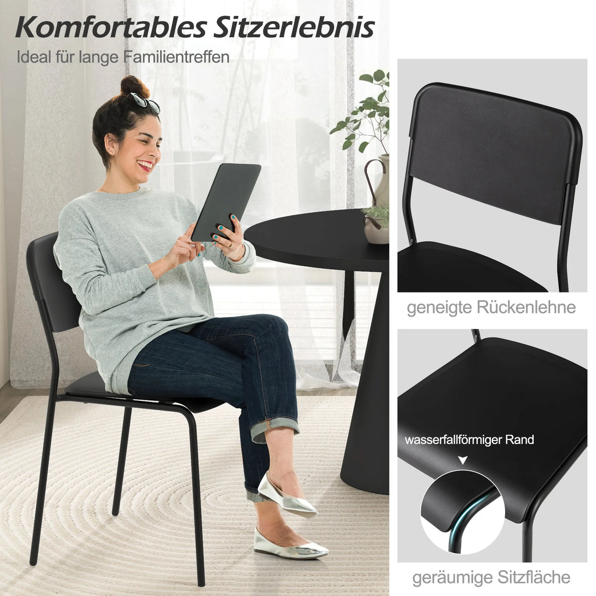 Set of 4 dining room chairs stackable kitchen chairs with backrest & metal legs, PP seat, chair without armrests
