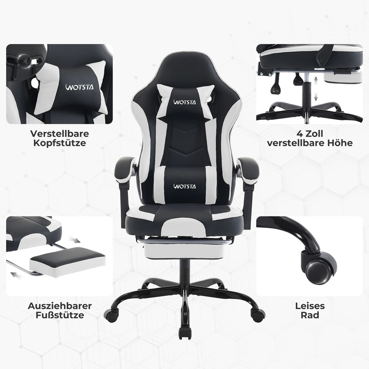 Fauteuil gaming WOTSTA avec repose-pieds, siège ergonomique pour gamer avec coussin lombaire et appui-tête, chaise d'ordinateur réglable en hauteur