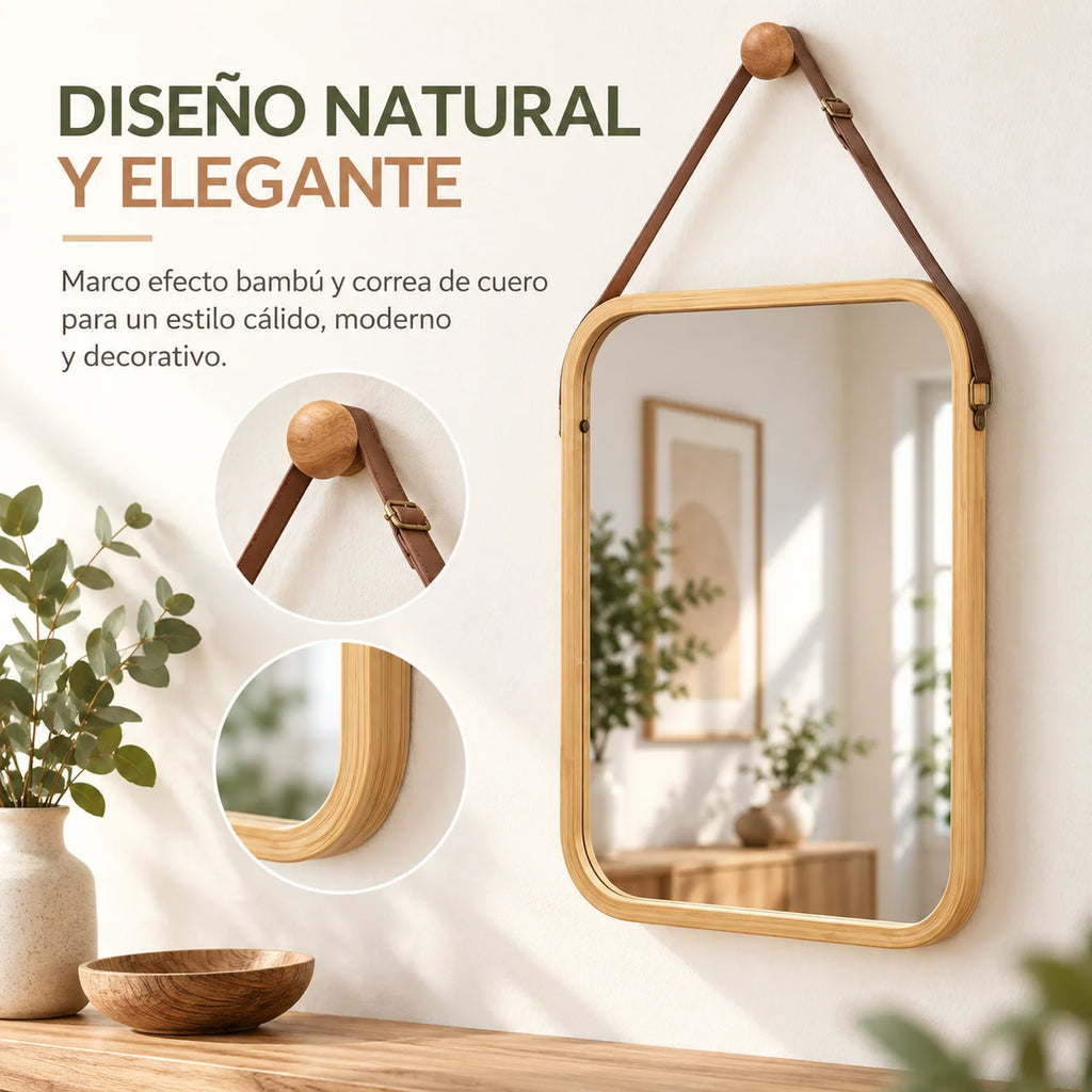Miroir mural décoratif avec cadre en bambou naturel et sangle en cuir marron, miroir rectangulaire 34x41,5 cm pour salle de bain, chambre et entrée, comprend un bouton en bois pour la suspension