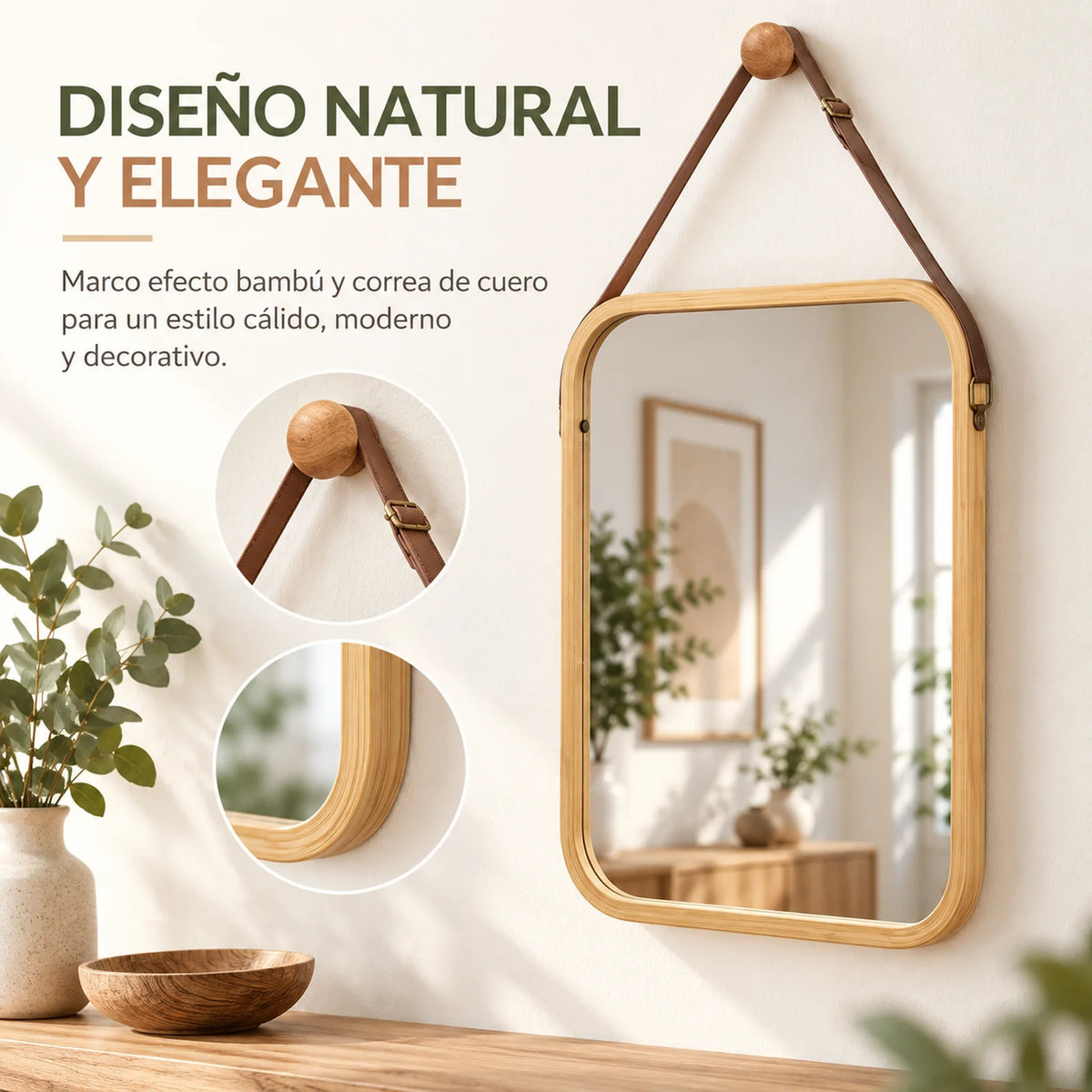 Miroir mural décoratif avec cadre en bambou naturel et sangle en cuir marron, miroir rectangulaire 34x41,5 cm pour salle de bain, chambre et entrée, comprend un bouton en bois pour la suspension