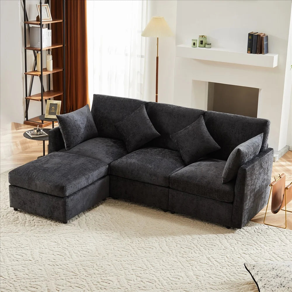Canapé d'angle panoramique modulable et convertible moderne vert, canapé d'appoint grand confort avec pouf indépendant amovible et 4 coussins en tissu chenille doux pour salon d'appartement
