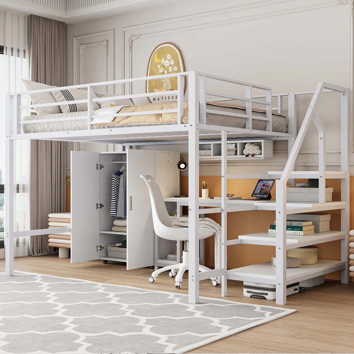 Lit mezzanine pour enfant 140x200cm avec armoire, étagères, rangement dans l'échelle et bureau - Blanc, sans matelas