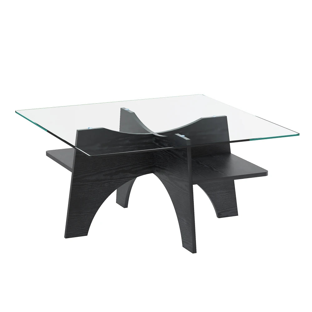 Table d'appoint / table basse carrée moderne en verre de sécurité (80 cm), pieds en MDF aspect bois de noyer, idéale pour le salon
