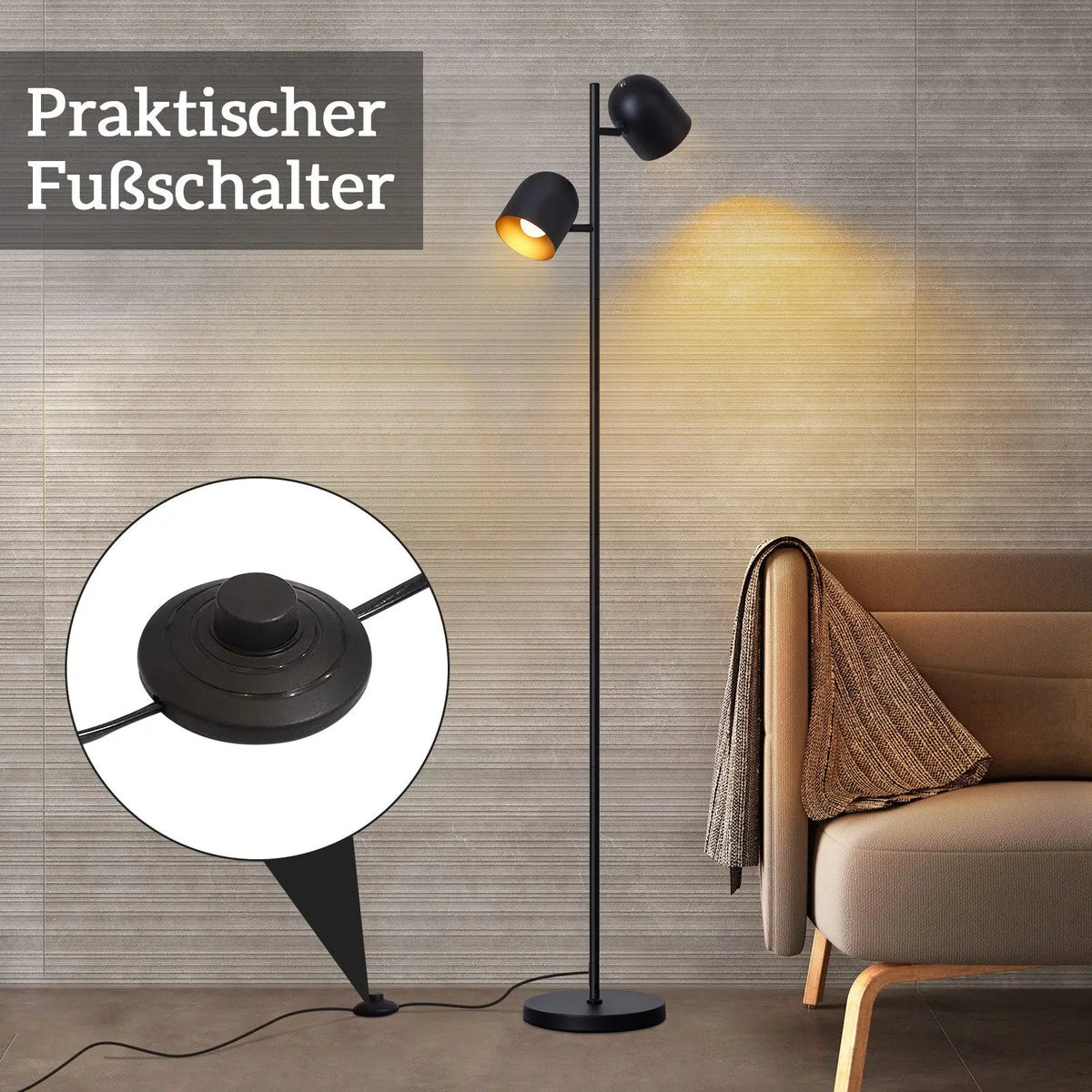 Lampadaire à 2 têtes noir avec intérieur en feuille d'or